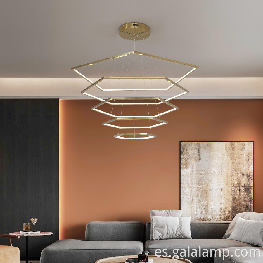 Iluminación-candelabro-hexágono-de-3-niveles-con-acabado-dorado-de-diseñador Designer-Gold-Finish-3-Tier-Hexagon-Chandelier-Lighting